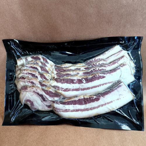 Pasture-raised uncured bacon from The Salty Mare Farm, vacuum sealed